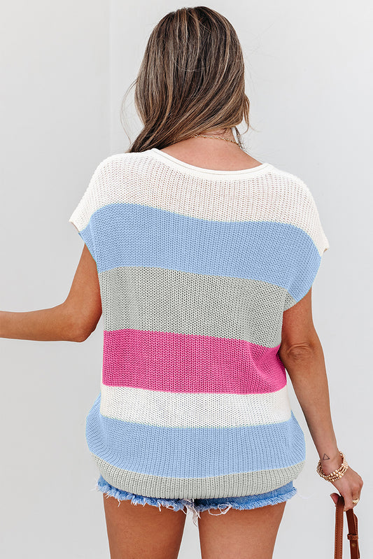 Dear Lover Short Sleeve Sweater - Light Blue Colour Block Notch