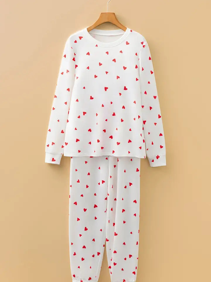 Lovesoft Fiery Red Tiny Hearts Printed Long Sleeve Top Drawstring Lounge Pant Set