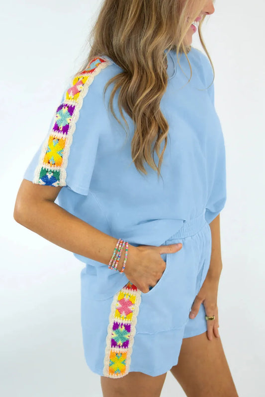 Dear Lover Shirt + Short Crochet Set - Mist Blue