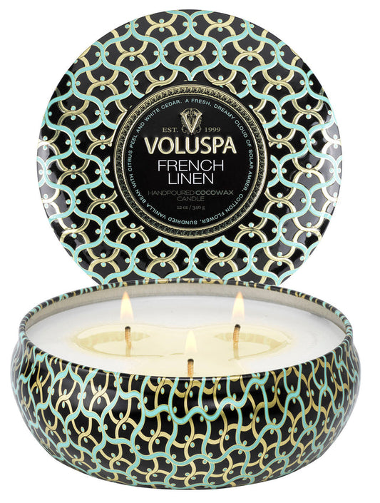Voluspa Candle 3 Wick Tin - French Linen