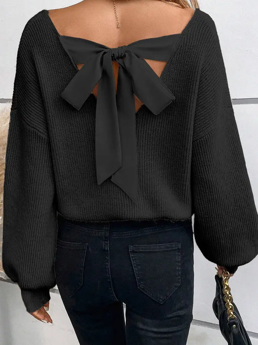 Lantern Sleeve V Neck Knot Back Sweater - Black