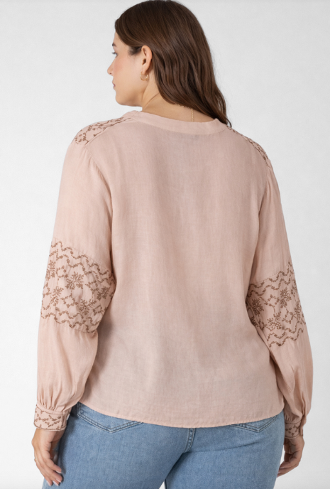 Dex Plus Embroidered Button Front Blouse - Rose Gold