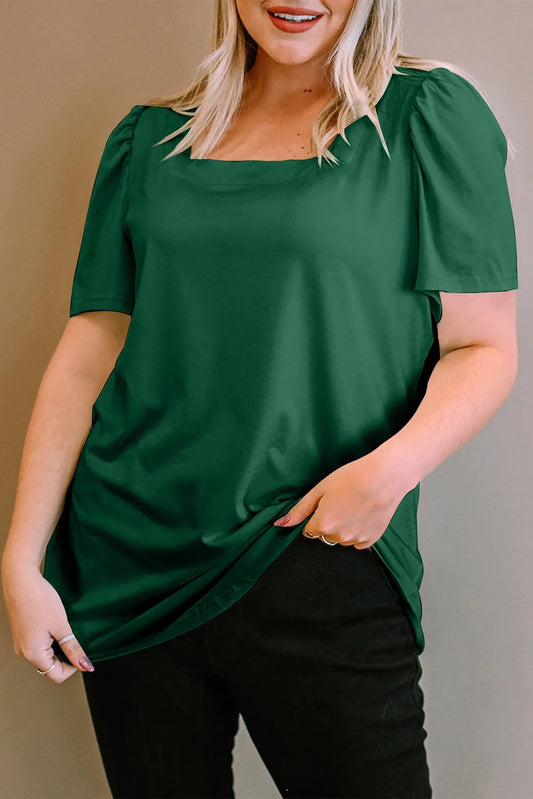 Plus Size Square Neck Ruched Shoulder Short Sleeve Top - Green