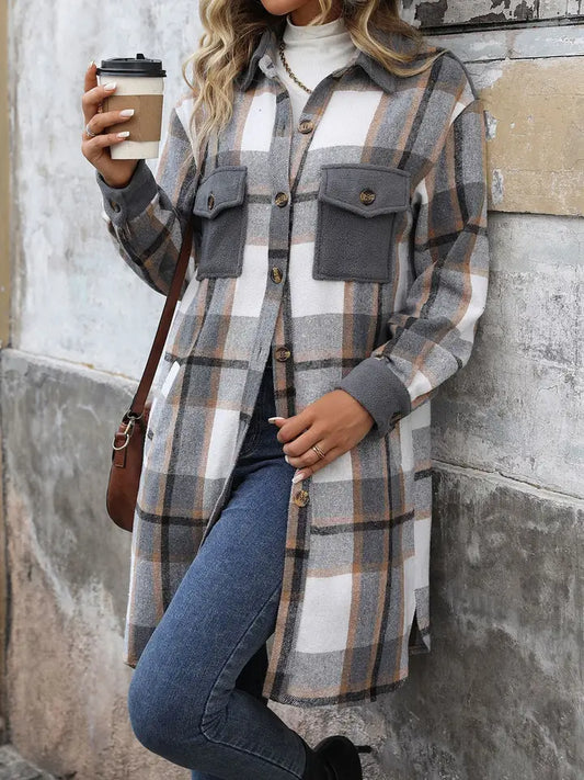 Shacket Long Button Front - Plaid Grey