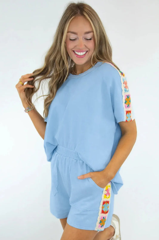 Dear Lover Shirt + Short Crochet Set - Mist Blue