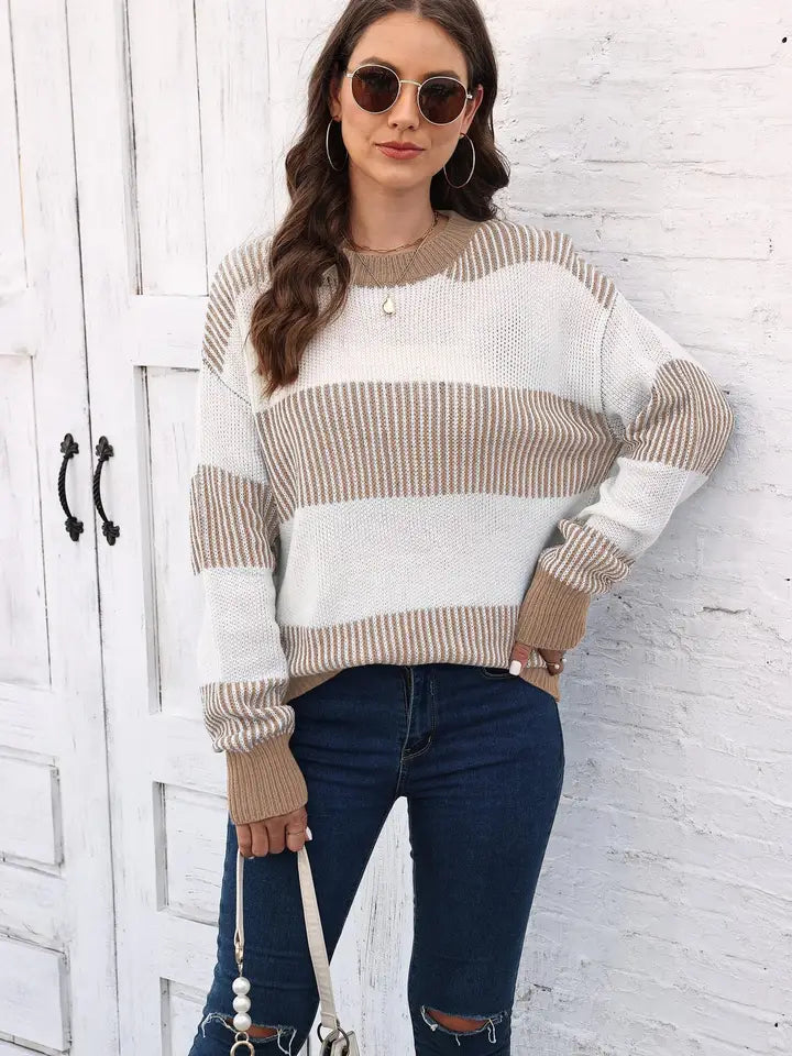 Plus Size Colourblock Stripe Sweater - Khaki