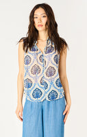 Dex LS Smocked Shoulder Blouse - Blue Medallion