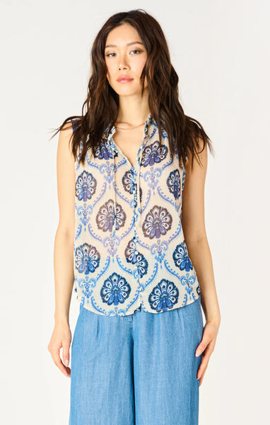 Dex LS Smocked Shoulder Blouse - Blue Medallion