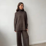 Turtleneck Knit Sweater & Wide Leg Pant - Coffee