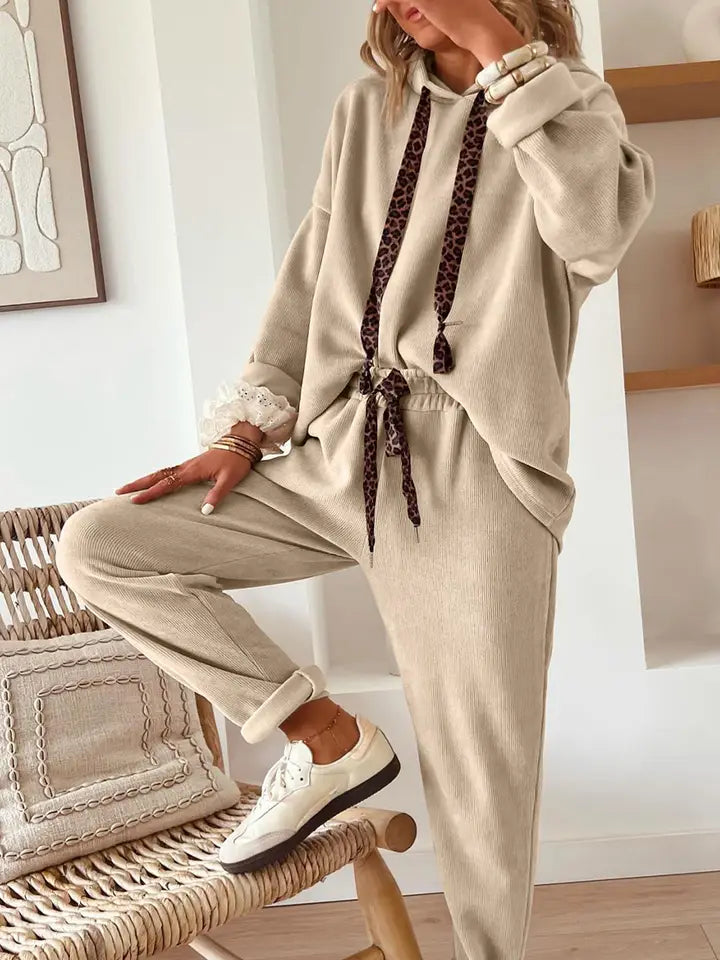 Leopard Drawstring Pullover Hoodie & High waist Pants - Parchment