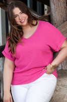 Textured Folded Sleeve Plus Size Tee - Pink