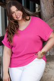 Textured Folded Sleeve Plus Size Tee - Pink