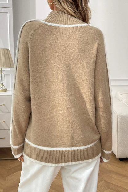 Lovesoft Colorblock Mock Neck Pullover Knit Sweater - Khaki