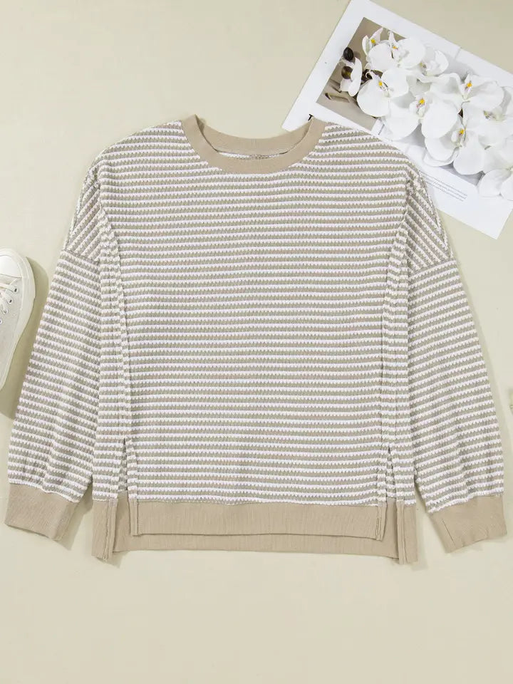 Plus Size Long Sleeve Stripe Knit Ribbed - Brown
