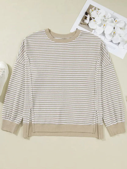 Plus Size Long Sleeve Stripe Knit Ribbed - Brown