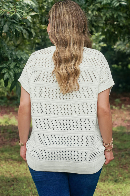 Dear Lover Eyelet Hollow Out Knit Ribbed Trim Plus T-Shirt - White