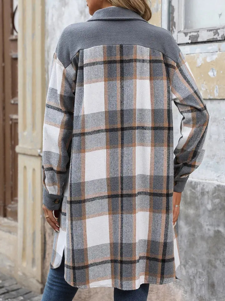 Shacket Long Button Front - Plaid Grey