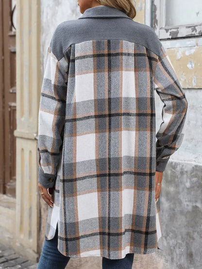 Shacket Long Button Front - Plaid Grey