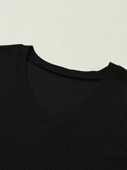 Lovesoft Valerian Cored V Neck Chest Pocket Loose T-Shirt - Black