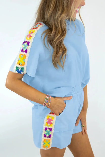 Dear Lover Shirt + Short Crochet Set - Mist Blue
