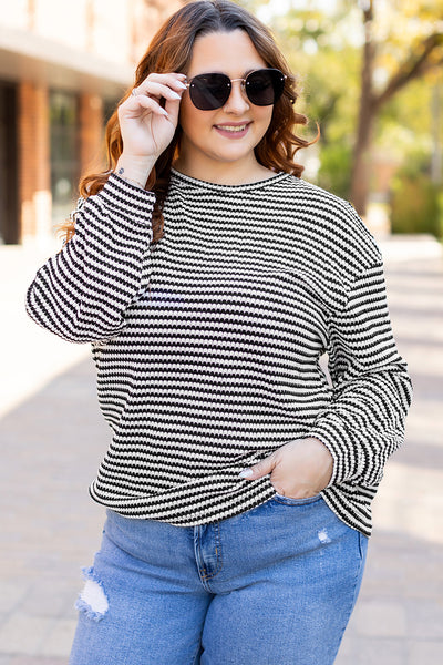 Dear Lover Stripe Puff Sleeve Plus Size Tee - Black