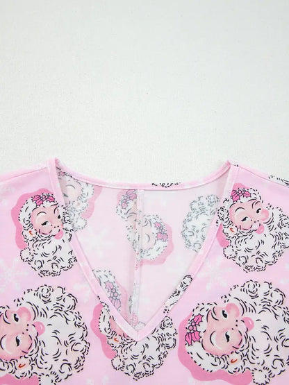 Santa Print V Neck Lounge Set - Pink