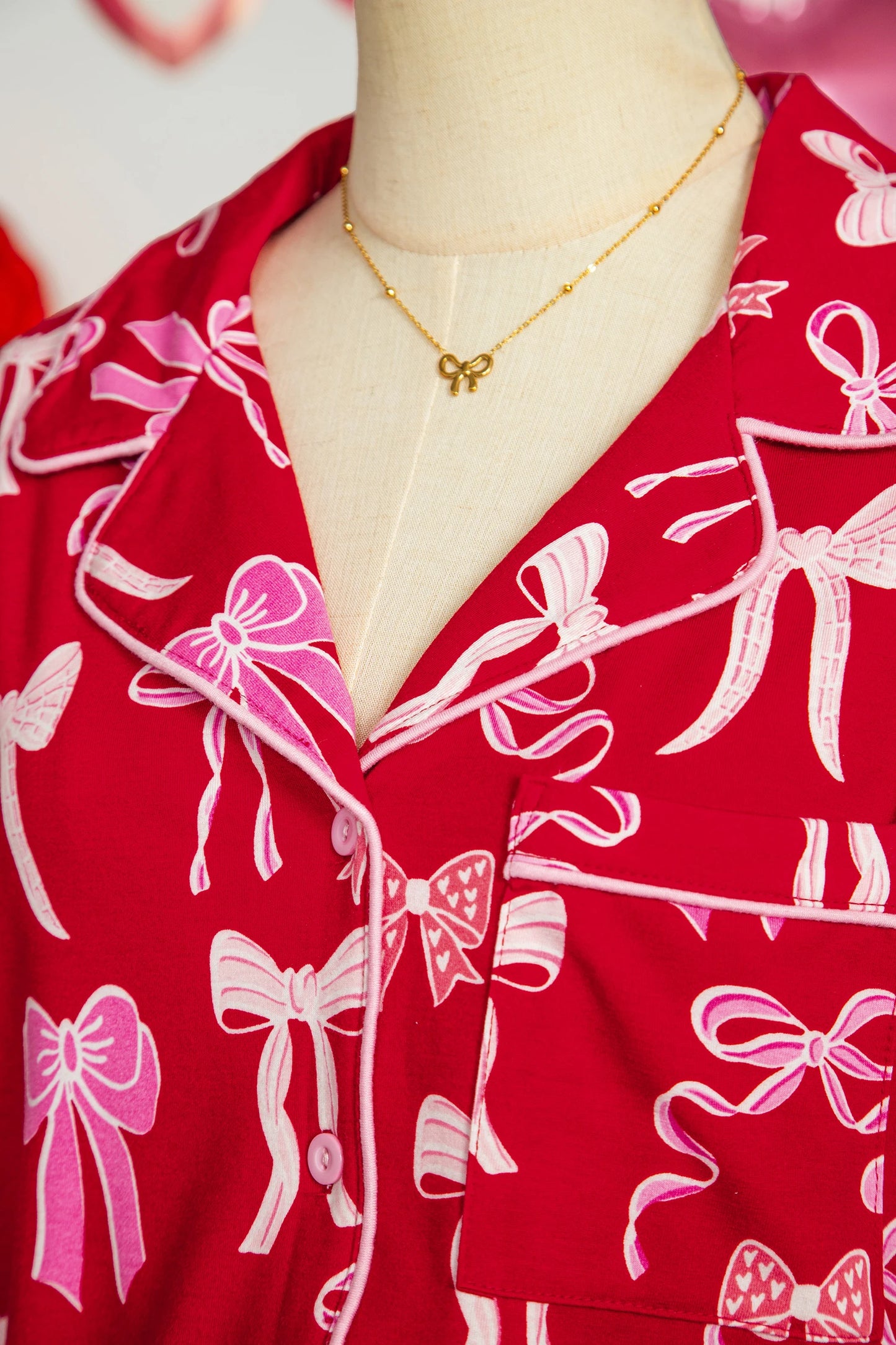 Dear Lover Pajama Set Red Red Sweet Bow Print Ruffled Sh