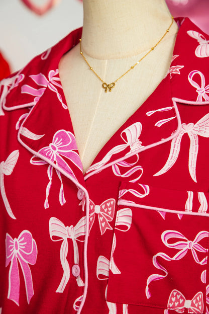 Dear Lover Pajama Set Red Red Sweet Bow Print Ruffled Sh