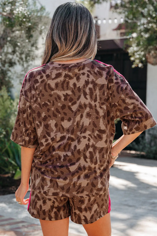Dear Lover Brown Contrast Striped Accent Leopard Set