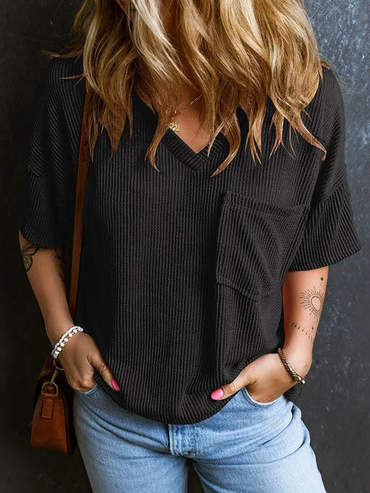 Lovesoft Valerian Cored V Neck Chest Pocket Loose T-Shirt - Black