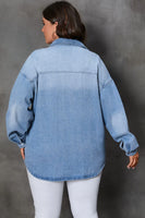 Plus Size Chest Pocket Button-up Denim Shacket - Sky Blue