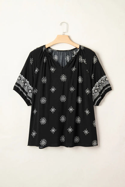 Dear Lover Boho Chic Notched V Neck Plus Top - Black