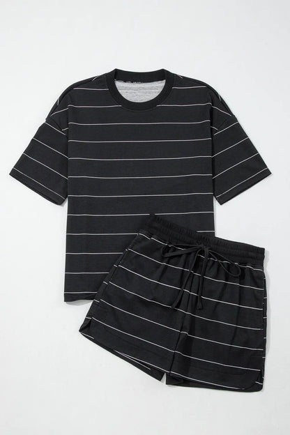 Dear Lover Half Sleeve Tee & Drawstring Shorts Set - Black Stripe