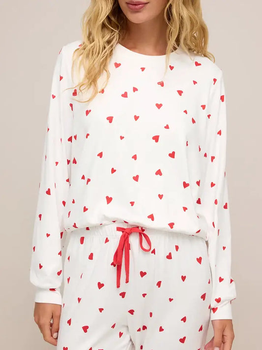 Lovesoft Fiery Red Tiny Hearts Printed Long Sleeve Top Drawstring Lounge Pant Set