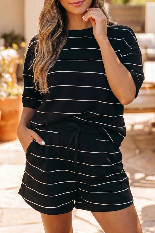 Dear Lover Half Sleeve Tee & Drawstring Shorts Set - Black Stripe