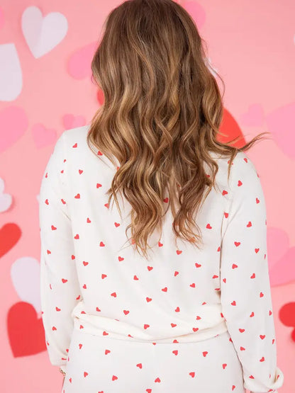 Lovesoft Fiery Red Tiny Hearts Printed Long Sleeve Top Drawstring Lounge Pant Set