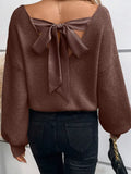 Lantern Sleeve V Neck Knot Back Sweater - Coffee