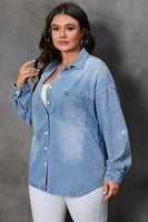 Plus Size Chest Pocket Button-up Denim Shacket - Sky Blue