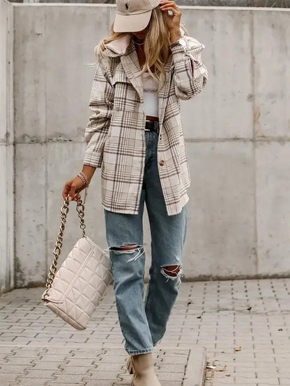 Lovesoft Plaid Shirt Emovable Hood Buttoned Shacket - Khaki