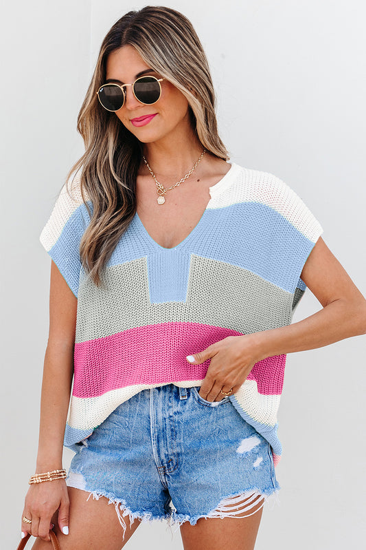 Dear Lover Short Sleeve Sweater - Light Blue Colour Block Notch