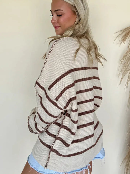 Lovesoft Ribbed Henley Drop Shoulder Slouchy Sweater - Brown Stripe