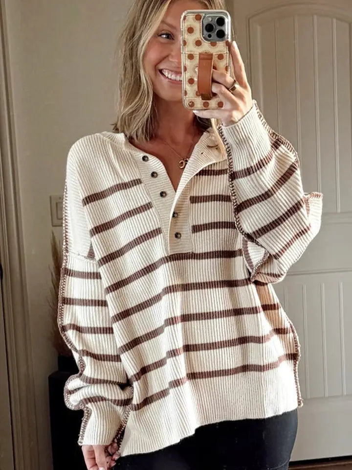 Lovesoft Ribbed Henley Drop Shoulder Slouchy Sweater - Brown Stripe