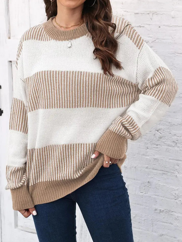 Plus Size Colourblock Stripe Sweater - Khaki
