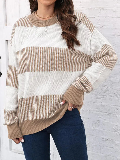 Plus Size Colourblock Stripe Sweater - Khaki