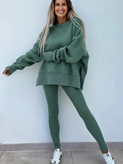 Lovesoft Oversize Slit Sweatshirt Ribbed Leggings Set - Bay Green