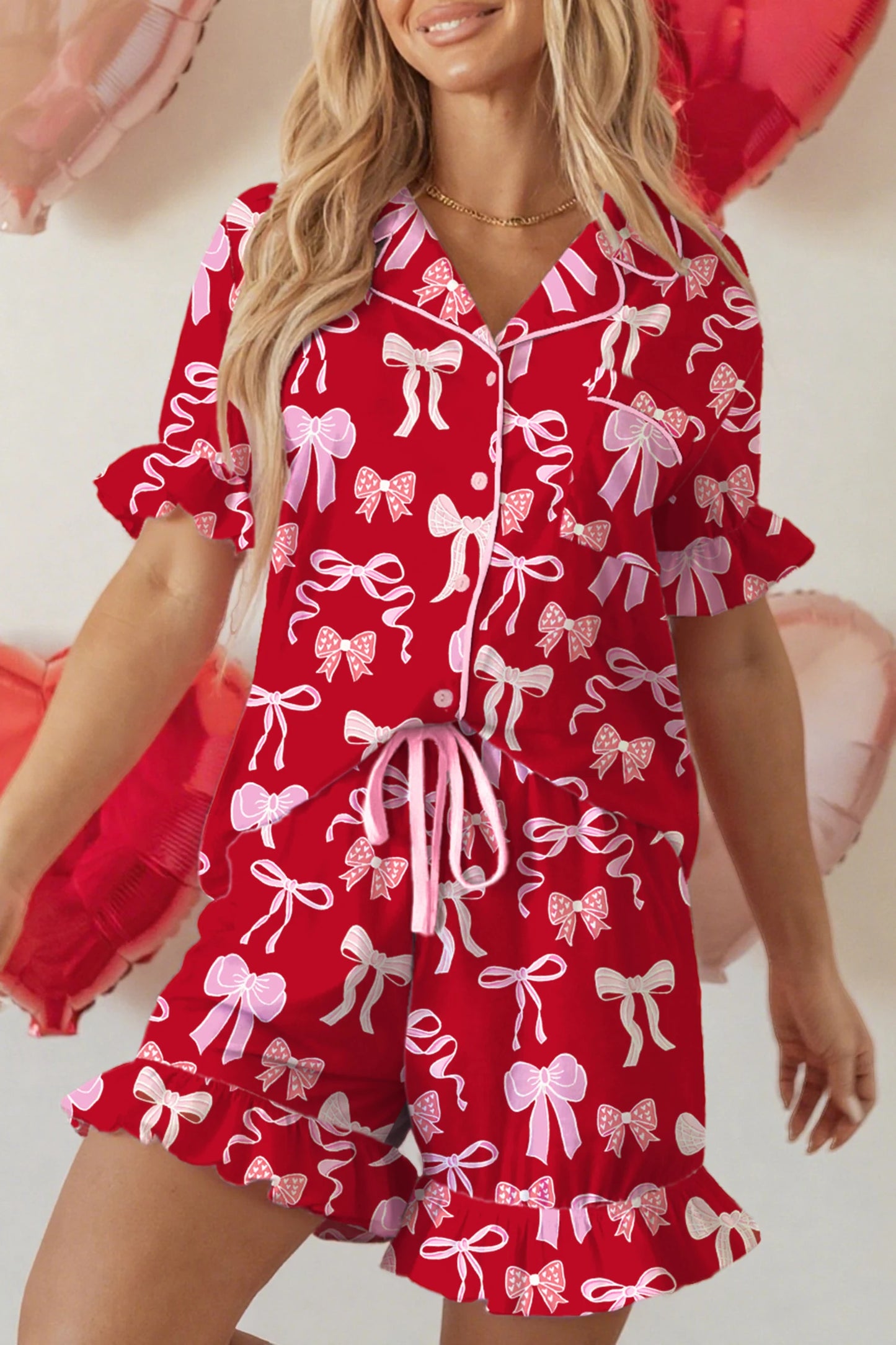 Dear Lover Pajama Set Red Red Sweet Bow Print Ruffled Sh