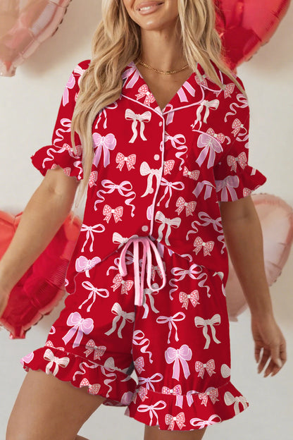 Dear Lover Pajama Set Red Red Sweet Bow Print Ruffled Sh