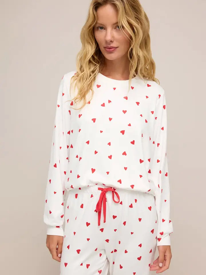 Lovesoft Fiery Red Tiny Hearts Printed Long Sleeve Top Drawstring Lounge Pant Set