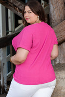 Textured Folded Sleeve Plus Size Tee - Pink