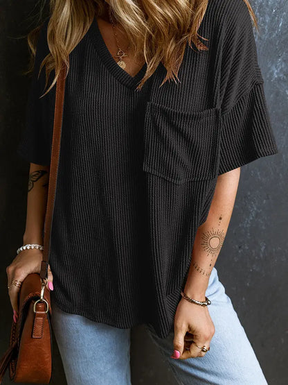 Lovesoft Valerian Cored V Neck Chest Pocket Loose T-Shirt - Black